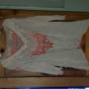 Johnny Was Coral Blush Embroidered Rangoon Blouse Tunic Scalloped Edges Boho M